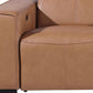 Detail of 130" Black Top Grain Leather Reclining Metal USB Sofa armrest and cushions in premium tan leather.