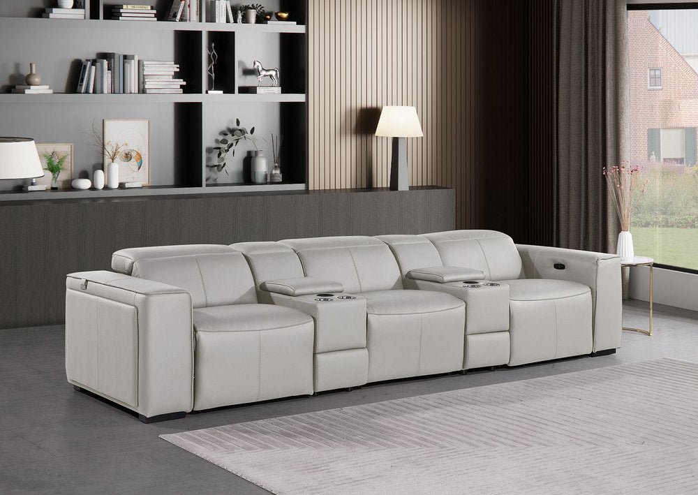 130" Black Top Grain Leather Reclining Metal USB Sofa displayed in a modern living room setting with contemporary decor.