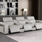 130" Black Top Grain Leather Reclining Metal USB Sofa in modern living room setting, showcasing sleek design and comfort.