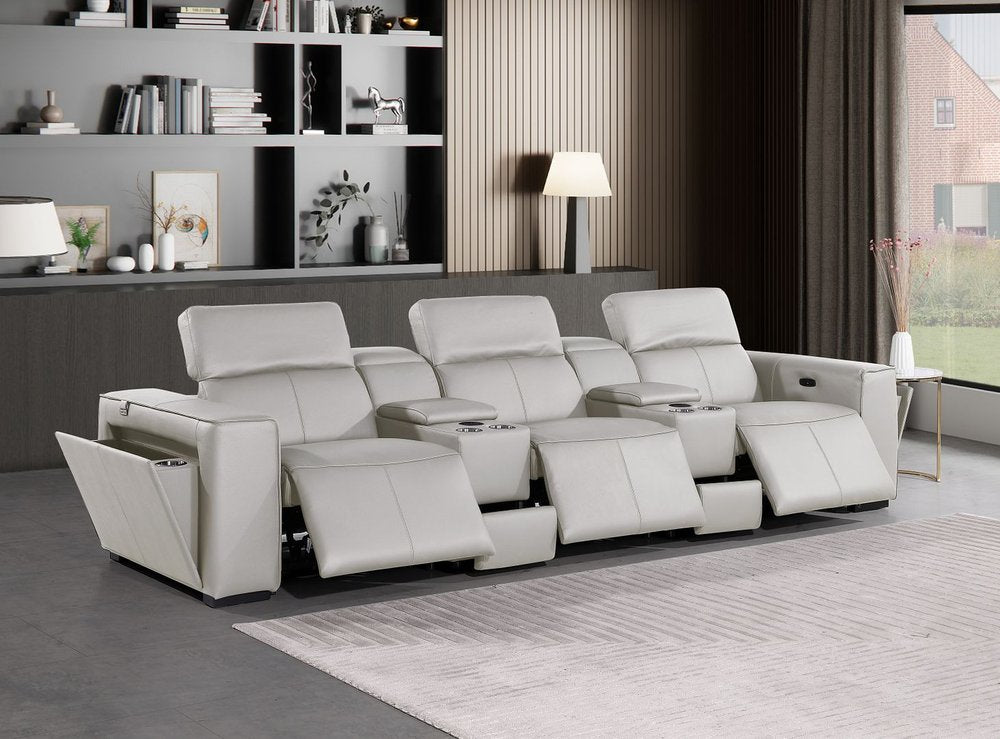 130" Black Top Grain Leather Reclining Metal USB Sofa in modern living room setting, showcasing sleek design and comfort.