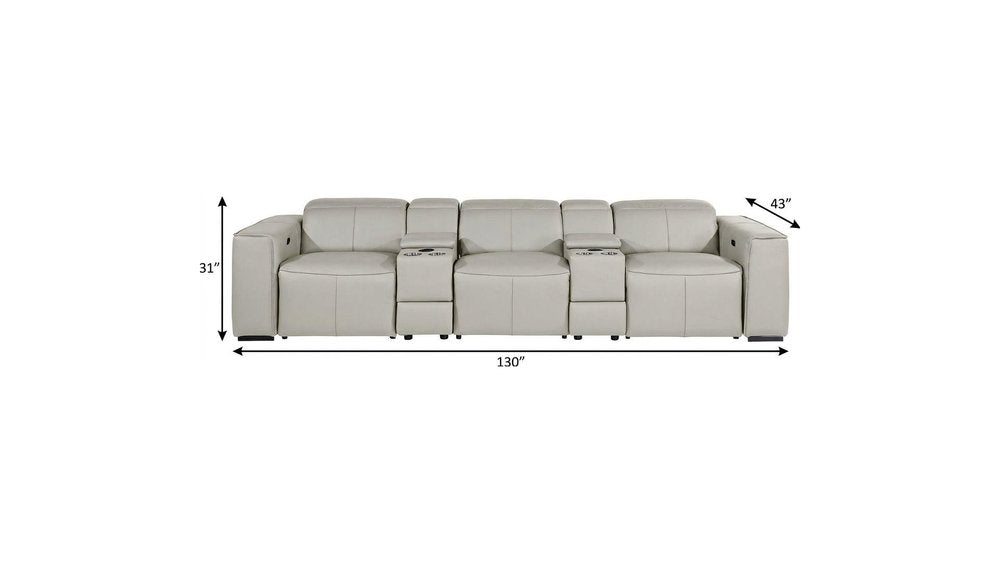 130" Black Top Grain Leather Reclining Metal USB Sofa side view with dimensions 130" x 43" x 31"