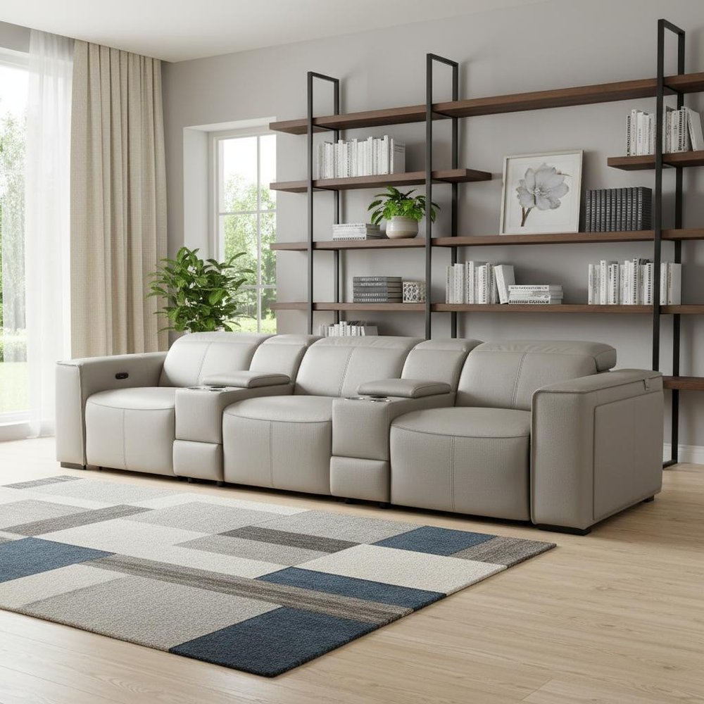 130" Black Top Grain Leather Reclining Metal USB Sofa in a modern living room setting with a stylish area rug.