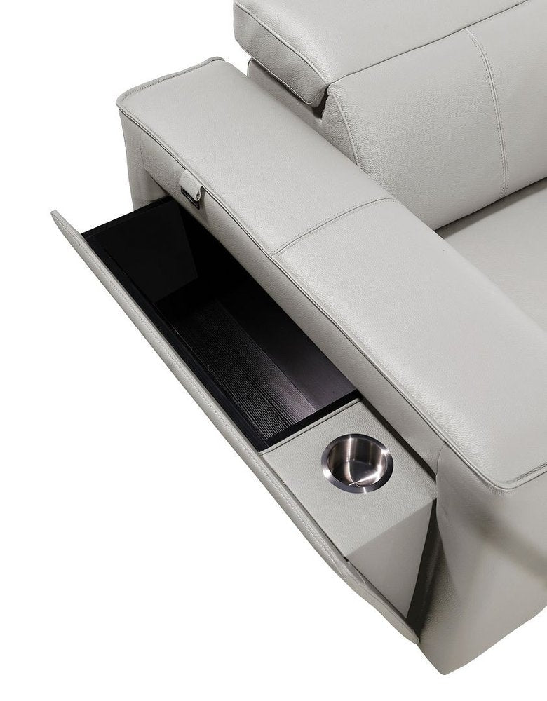 Inside view of the 130" Black Top Grain Leather Reclining Metal USB Sofa's storage compartment and cup holder.