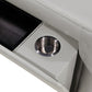 Detail of the armrest featuring a silver cup holder and storage on the 130" Black Top Grain Leather Reclining Metal USB Sofa.