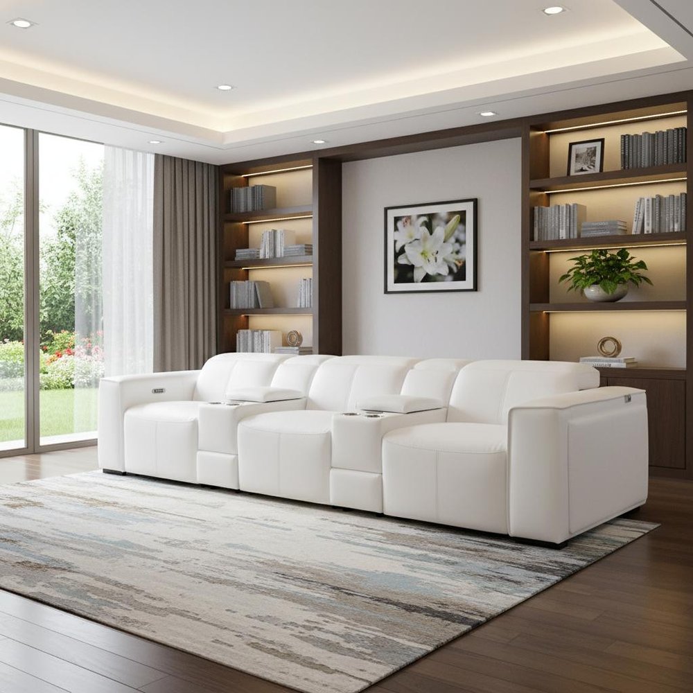 130" Black Top Grain Leather Reclining Metal USB Sofa in a stylish modern living room with elegant decor.