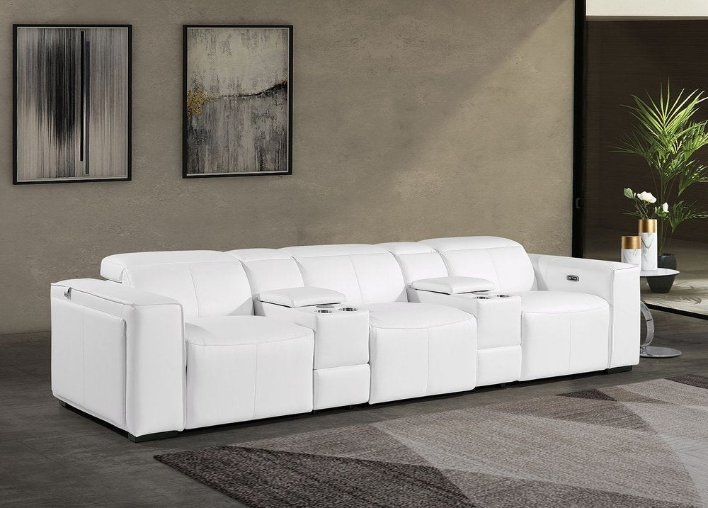 130" Black Top Grain Leather Reclining Metal USB Sofa in white leather with modern design and cup holders.