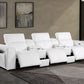 130" Black Top Grain Leather Reclining Metal USB Sofa in white color with reclining seats and cup holders.