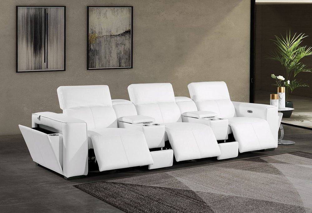 130" Black Top Grain Leather Reclining Metal USB Sofa in white color with reclining seats and cup holders.