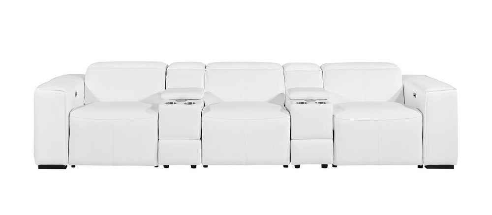 130" Black Top Grain Leather Reclining Metal USB Sofa in white, showcasing modern design and comfort features.
