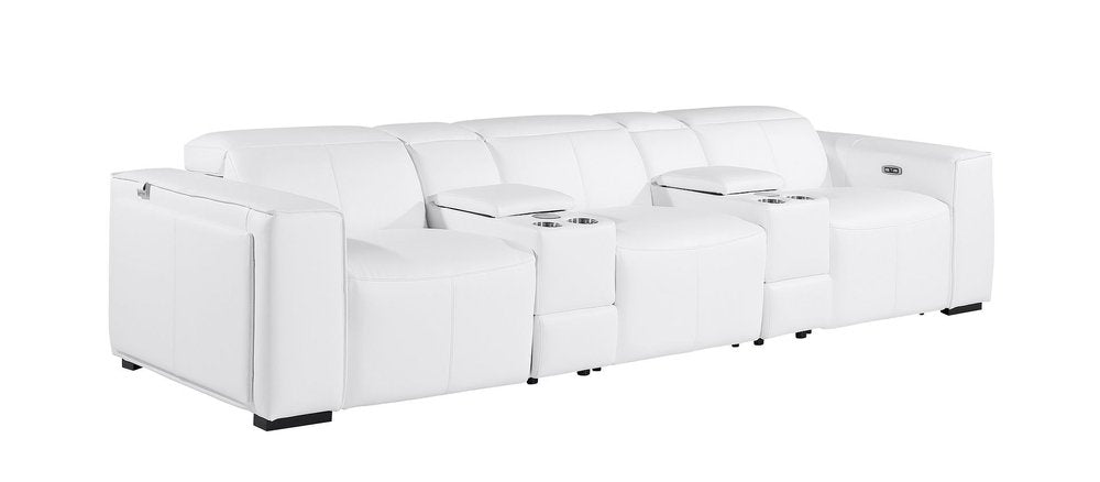 130" Black Top Grain Leather Reclining Metal USB Sofa in sleek white leather with cup holders and modern design.