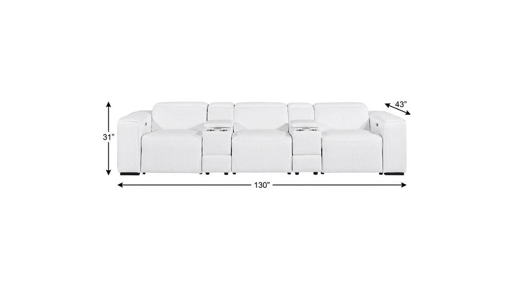130" Black Top Grain Leather Reclining Metal USB Sofa dimensions showing 130" length, 31" height, 43" depth.