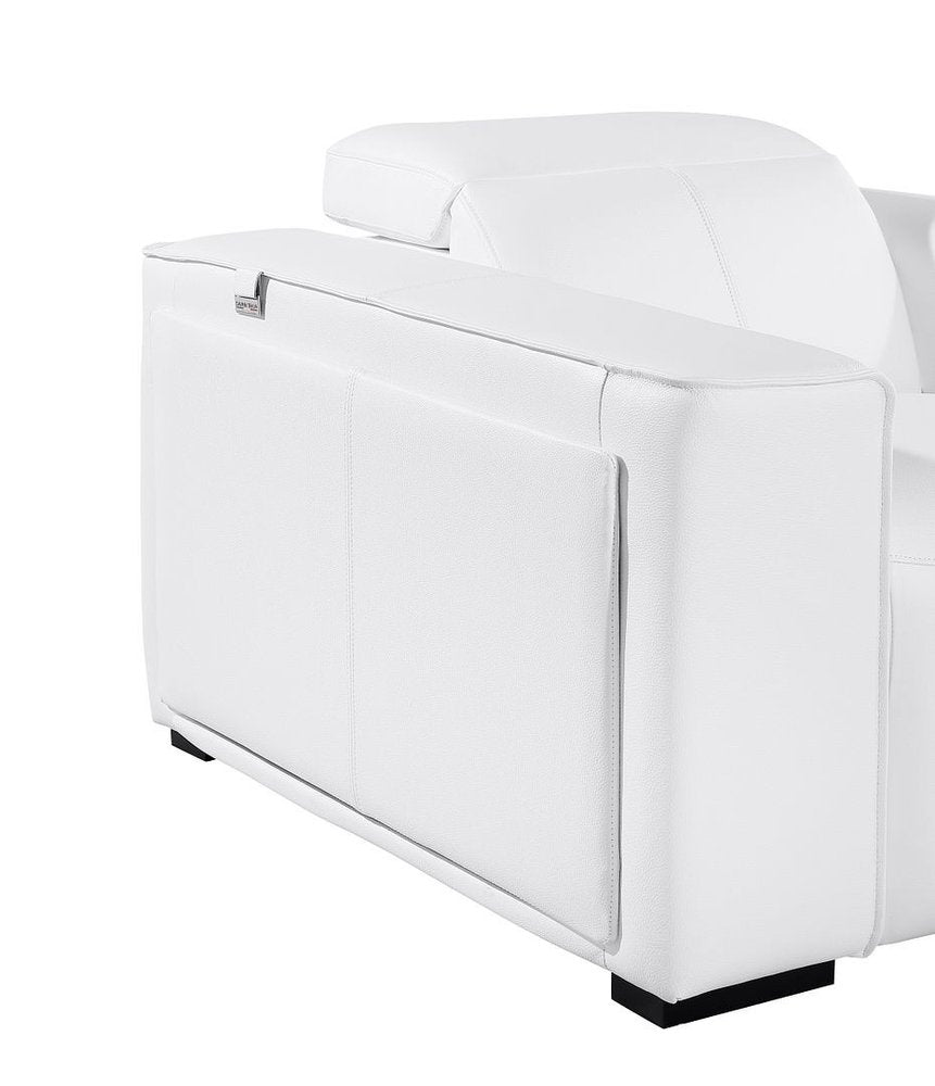 Close-up of the back of a sleek white leather sofa featuring a minimalist design and elegant stitching.