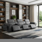 130" Black Top Grain Leather Reclining Metal USB Sofa in a stylish living room setting with bookshelves.