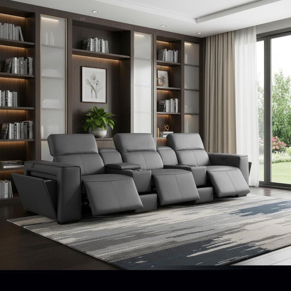 130" Black Top Grain Leather Reclining Metal USB Sofa in a stylish living room setting with bookshelves.