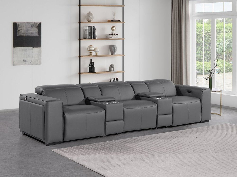 130" Black Top Grain Leather Reclining Metal USB Sofa with elegant design and plush seating in a modern living room.