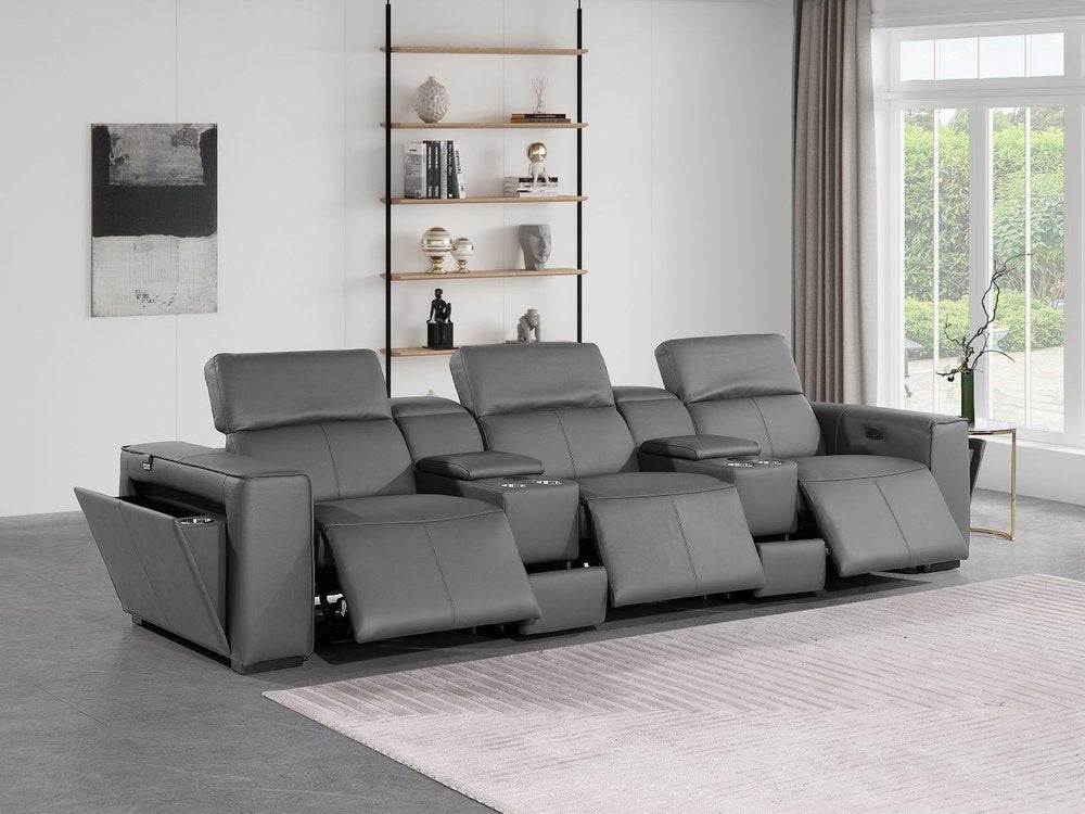 130" Black Top Grain Leather Reclining Metal USB Sofa in modern living room setting with neutral decor.