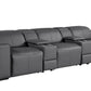 130" Black Top Grain Leather Reclining Metal USB Sofa in stylish gray color with built-in cup holders and recliner features.