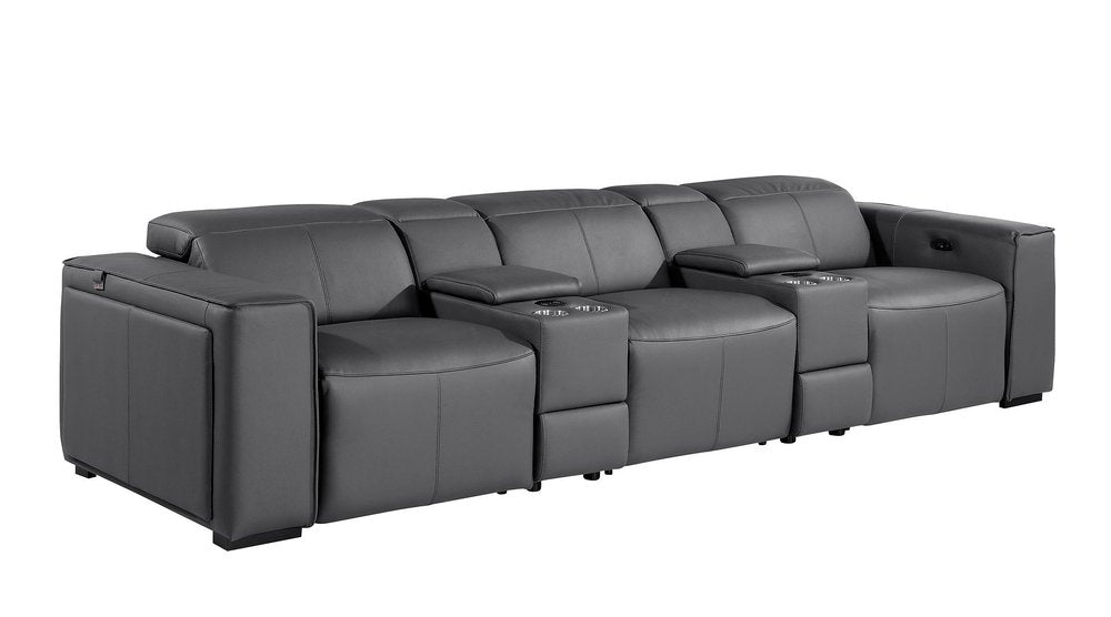 130" Black Top Grain Leather Reclining Metal USB Sofa in stylish gray color with built-in cup holders and recliner features.