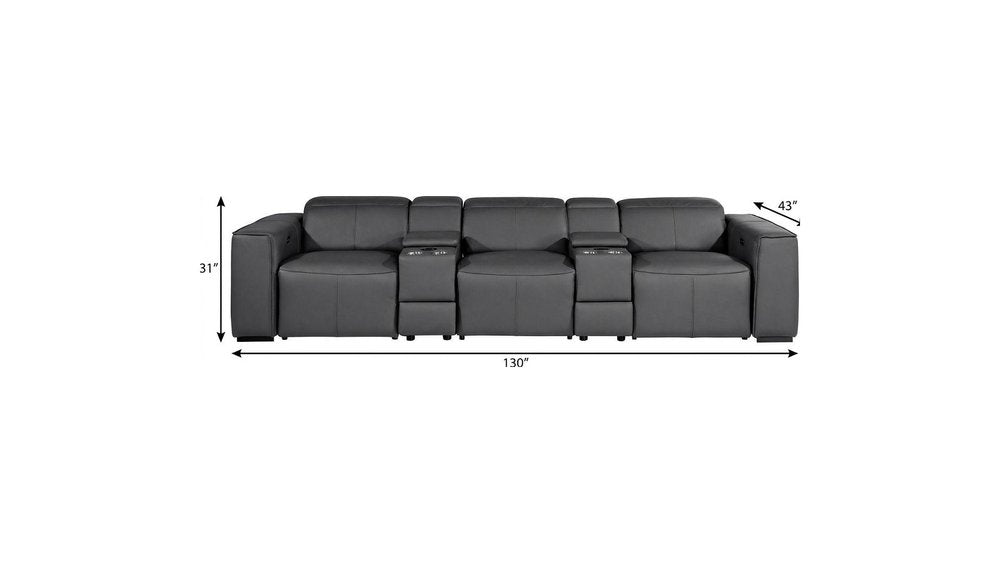 130" Black Top Grain Leather Reclining Metal USB Sofa with dimensions 130" x 31" x 43".