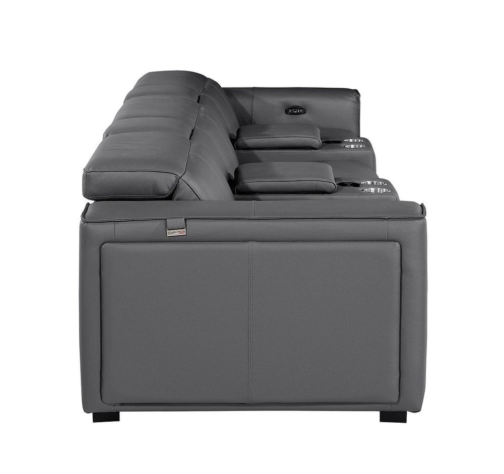Side view of 130" Black Top Grain Leather Reclining Metal USB Sofa showcasing sleek design and functional features.