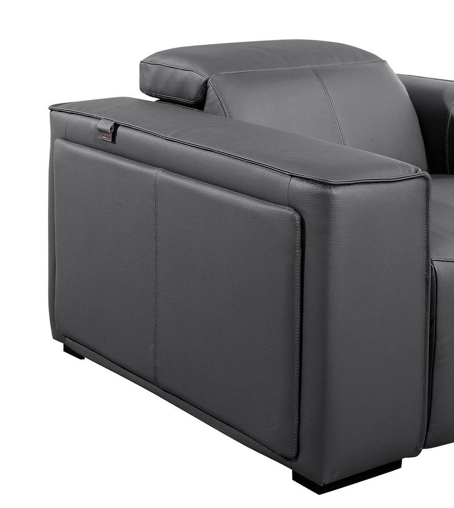 Side view of the 130" Black Top Grain Leather Reclining Metal USB Sofa showcasing its sleek design and premium leather finish.