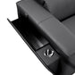 130" Black Top Grain Leather Reclining Metal USB Sofa features cup holder and storage compartment for convenience.