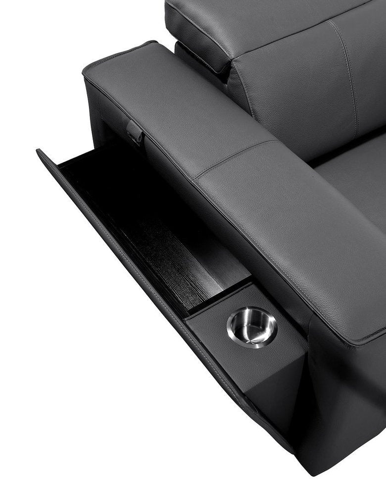 130" Black Top Grain Leather Reclining Metal USB Sofa features cup holder and storage compartment for convenience.
