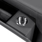 Detail of cup holder and storage compartment in 130" Black Top Grain Leather Reclining Metal USB Sofa.