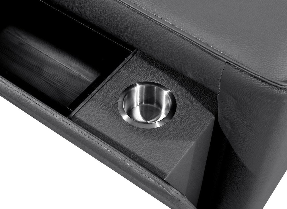 Detail of cup holder and storage compartment in 130" Black Top Grain Leather Reclining Metal USB Sofa.