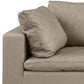 Close-up of the 122" Beige Top Grain Leather Reclining Solid Wood Sofa with a plush pillow.