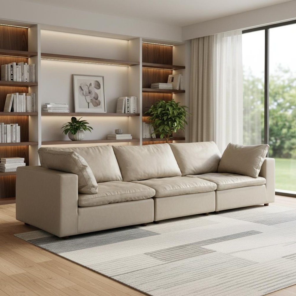 122" Beige Top Grain Leather Reclining Solid Wood Sofa in modern living room with natural light and stylish decor.