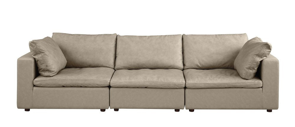 122" Beige Top Grain Leather Reclining Solid Wood Sofa showcasing luxurious comfort and elegant design