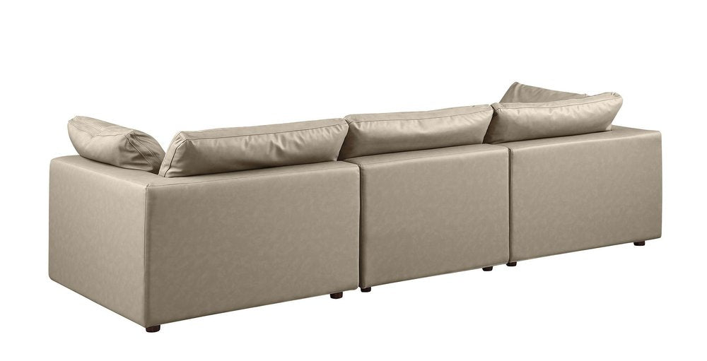 122" Beige Top Grain Leather Reclining Solid Wood Sofa with stylish cushions and sleek design.
