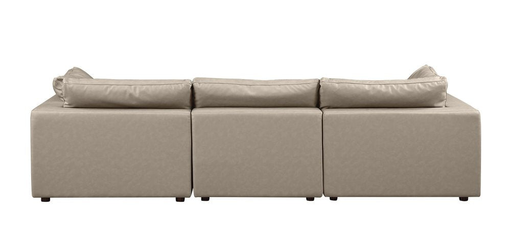 122" Beige Top Grain Leather Reclining Solid Wood Sofa with cushions and a stylish design.