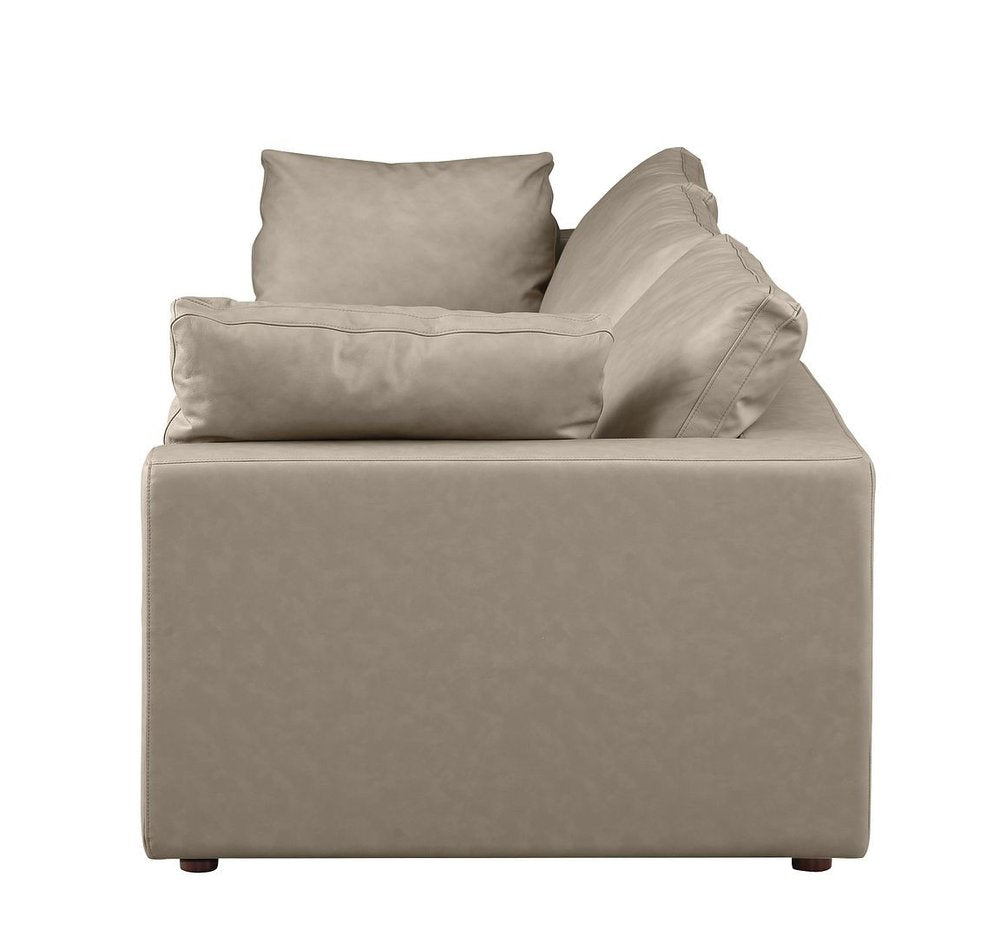 122" Beige Top Grain Leather Reclining Solid Wood Sofa side view showcasing plush cushions and premium leather.