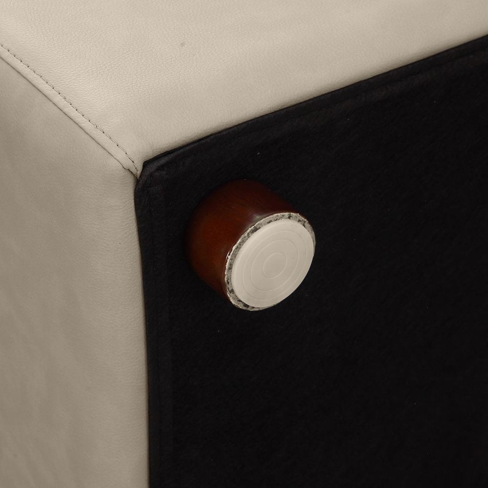 Close-up of the reclining mechanism on the 122" Beige Top Grain Leather Reclining Solid Wood Sofa.