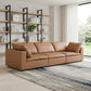 122" Beige Top Grain Leather Reclining Solid Wood Sofa in a modern living room setting.