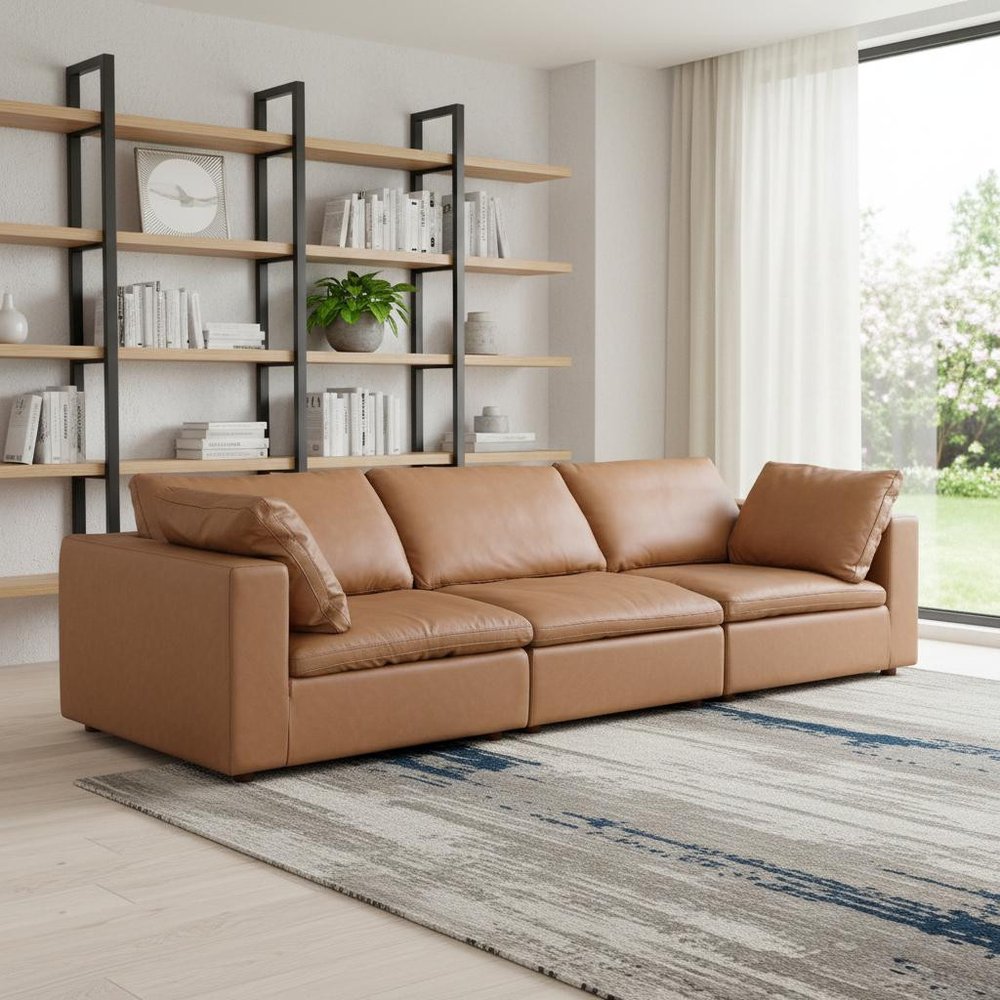 122" Beige Top Grain Leather Reclining Solid Wood Sofa in a modern living room setting.