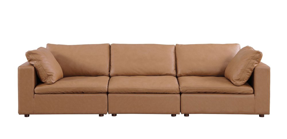 122" Beige Top Grain Leather Reclining Solid Wood Sofa featuring plush cushions and smooth lines for elegant comfort.