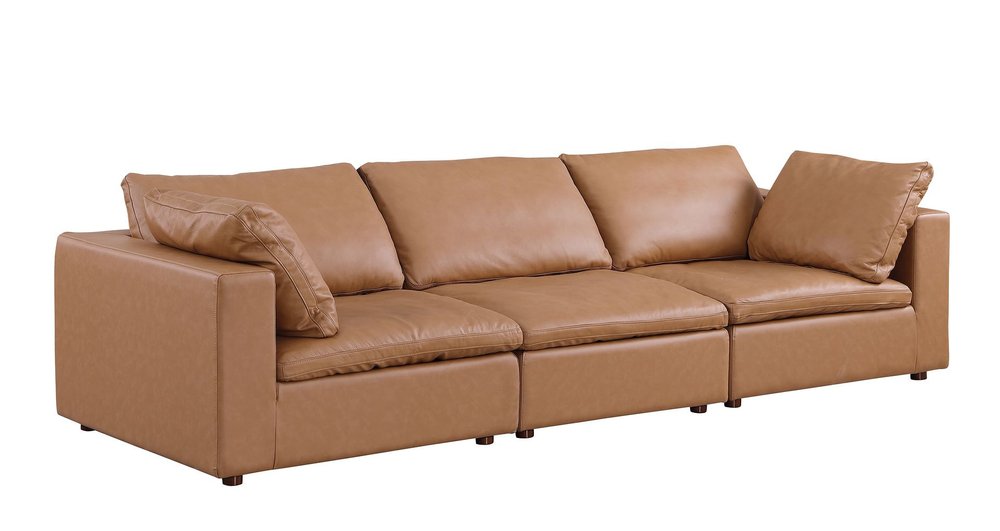 122" Beige Top Grain Leather Reclining Solid Wood Sofa with plush cushions and sleek design.
