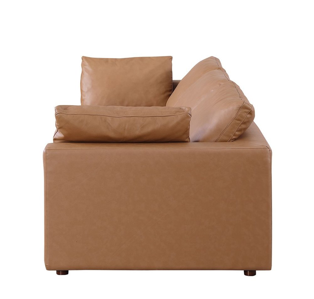 122" Beige Top Grain Leather Reclining Solid Wood Sofa side view with soft cushions and elegant design.