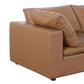 Close-up view of a cushion and armrest of the 122" Beige Top Grain Leather Reclining Solid Wood Sofa.