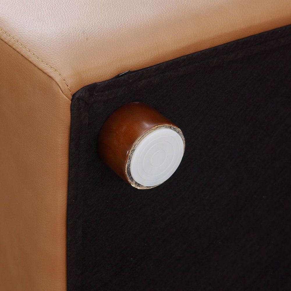 Close-up of the recliner mechanism and wheel of a 122" Beige Top Grain Leather Reclining Solid Wood Sofa.