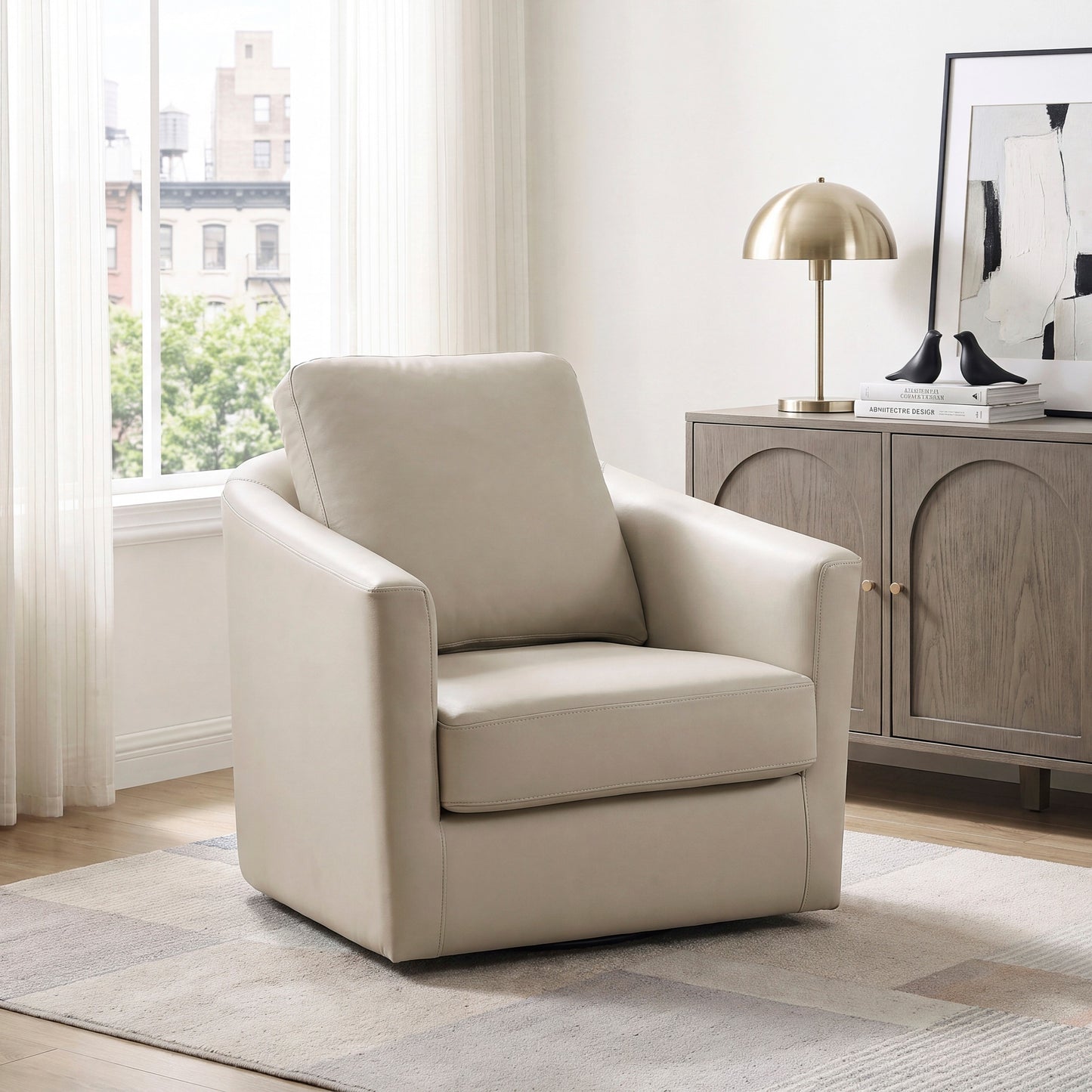 Vesper Taupe Top Grain Leather Swivel Accent Chair – 33" 360° Barrel Arm Armchair