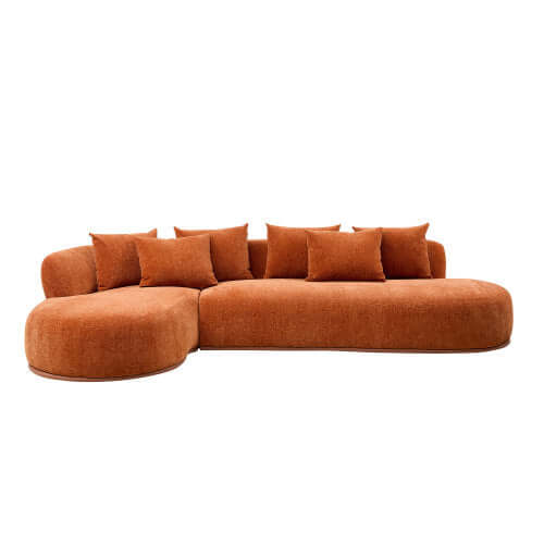 Bold orange rounded L-Shaped chaise sofa sectional with plush pillows for cozy lounging.