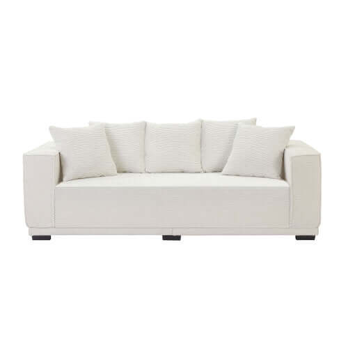 MCM Box Arm Corduroy Upholstered Sofa 89" in soft cream color with four plush cushions, perfect for modern living.
