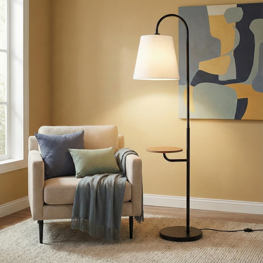Seoul Black Metal Floor Lamp with Wood Table – 60" Rotary Switch Floor Lamp