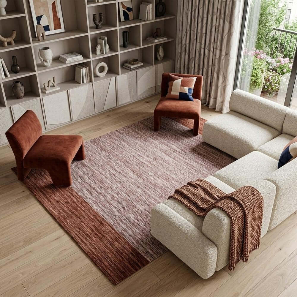 Red And White Abstract Washable Area Rug With UV Protection Area Rug | 9' x 13' in modern living room setting with furniture.