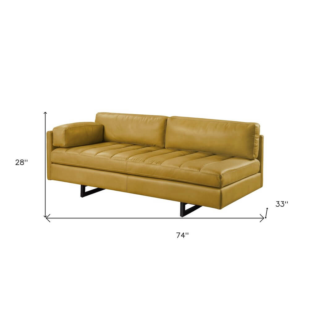 74" Mustard Top Grain Leather Sofa With Black Legs featuring sleek design and dimensions.