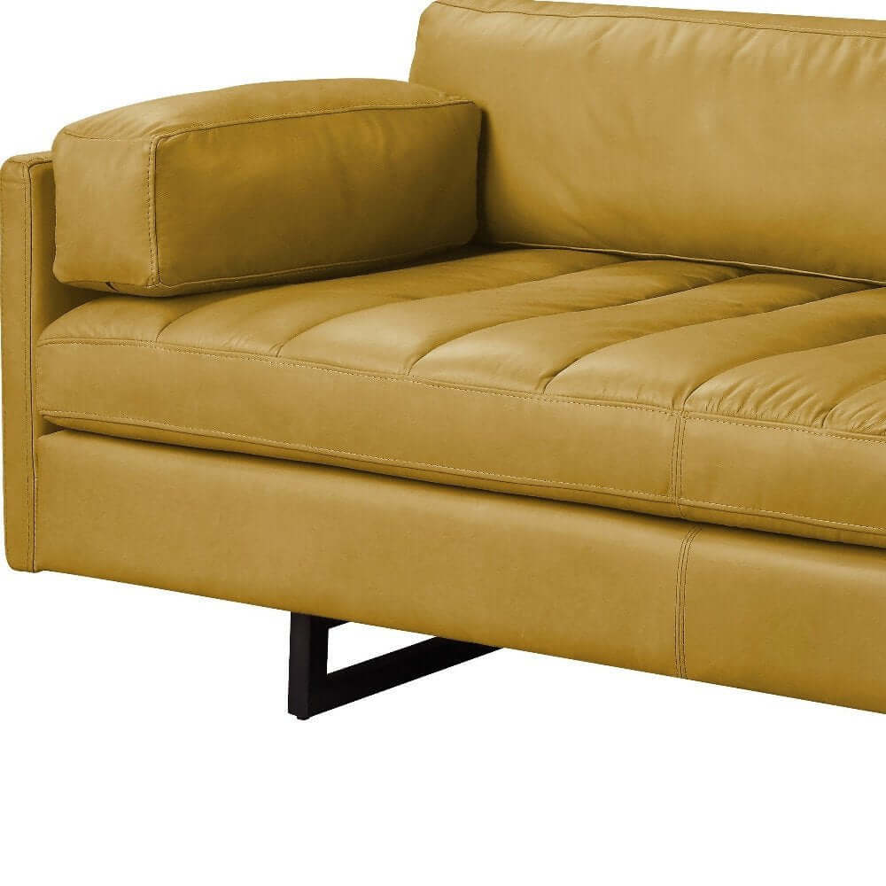 74" Mustard Top Grain Leather Sofa With Black Legs featuring a plush design and stylish black legs for modern decor.